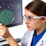 **

A textile engineering student, wearing safety glasses and a lab coat, is carefully examining a piece of woven fabric under a magnifying glass. The fabric has several clearly visible defects, such as slubs, a hole, and color bleeding. In the background, there's a control chart displayed on a computer screen, showing data related to fabric quality. The lighting should be bright and highlight the fabric defects. The overall scene conveys the importance of fabric inspection and quality control.

**