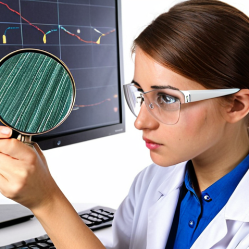 Home 19 **
A textile engineering student, wearing safety glasses and a lab coat, is carefully examining a piece of woven fabric under a magnifying glass. The fabric has several clearly visible defects, such as slubs, a hole, and color bleeding. In the background, there's a control chart displayed on a computer screen, showing data related to fabric quality. The lighting should be bright and highlight the fabric defects. The overall scene conveys the importance of fabric inspection and quality control.
**