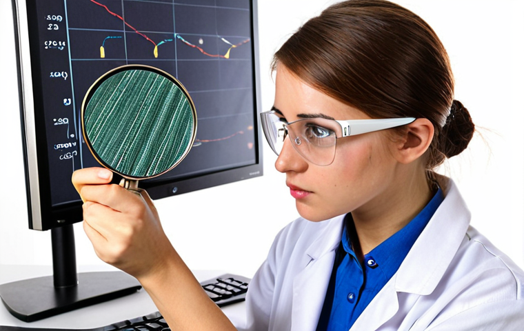 **
A textile engineering student, wearing safety glasses and a lab coat, is carefully examining a piece of woven fabric under a magnifying glass. The fabric has several clearly visible defects, such as slubs, a hole, and color bleeding. In the background, there's a control chart displayed on a computer screen, showing data related to fabric quality. The lighting should be bright and highlight the fabric defects. The overall scene conveys the importance of fabric inspection and quality control.
**