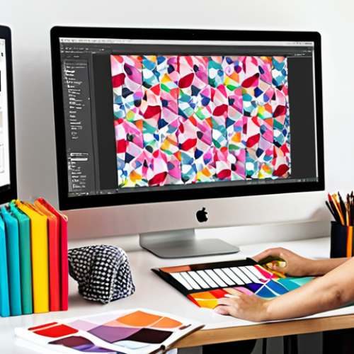 Home 17 **A textile designer working at a digital workstation:** Focus on a brightly lit studio setting with fabric swatches scattered around. The designer is intently using Adobe Photoshop on a large monitor to create a vibrant pattern. Include elements like a color palette, design books, and a cup of coffee to evoke a creative atmosphere. The overall aesthetic should be modern and professional, highlighting the blend of technology and artistry in textile design.