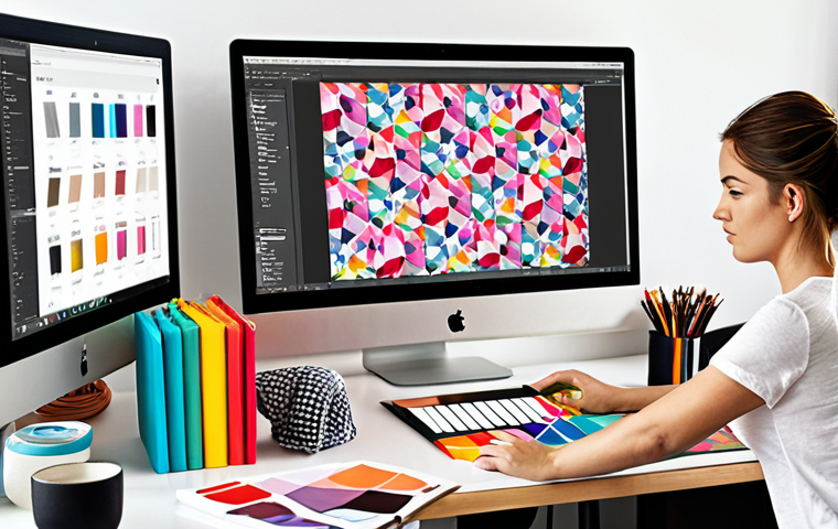 **A textile designer working at a digital workstation:** Focus on a brightly lit studio setting with fabric swatches scattered around. The designer is intently using Adobe Photoshop on a large monitor to create a vibrant pattern. Include elements like a color palette, design books, and a cup of coffee to evoke a creative atmosphere. The overall aesthetic should be modern and professional, highlighting the blend of technology and artistry in textile design.