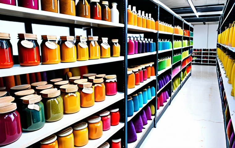 **Prompt:** A vibrant workshop filled with natural dyes derived from plants. Jars of colorful pigments line the shelves, and textile artisans are seen dyeing fabrics using traditional techniques combined with modern technology. The scene emphasizes sustainability and innovation in textile dyeing.