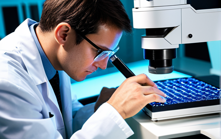 Intelligent Fabric Innovation Lab**
A professional textile engineer, fully clothed in a modest lab coat and appropriate attire, is intently examining a piece of advanced smart fabric under a microscope in a pristine, high-tech research and development laboratory. The fabric sample subtly glows with integrated flexible circuits. In the background, sophisticated machinery for material characterization and digital displays show complex data visualizations of material properties. The environment is clean, well-lit, and futuristic, emphasizing precision and innovation. Perfect anatomy, correct proportions, natural pose, well-formed hands, proper finger count, natural body proportions. Professional photography, high resolution, sharp focus, vibrant colors, safe for work, appropriate content, fully clothed, professional.
**