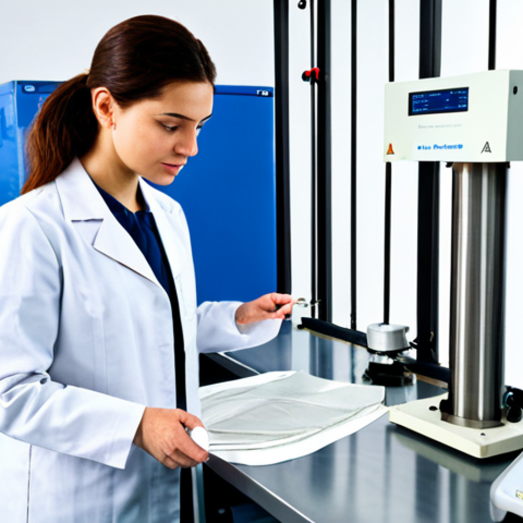 A professional female textile engineer in a pristine lab coat and modest professional attire, meticulously observing a fabric sample undergoing a tensile strength test on a state-of-the-art Universal Testing Machine. The machine's digital display shows a real-time stress-strain curve. The setting is a brightly lit, modern textile testing laboratory with other precision equipment in the background. The focus is on the scientific process and the durability of the material. Perfect anatomy, correct proportions, natural pose, well-formed hands, proper finger count, natural body proportions. Fully clothed, modest clothing, appropriate attire, professional dress, safe for work, appropriate content, professional.