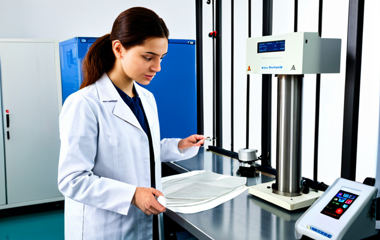 A professional female textile engineer in a pristine lab coat and modest professional attire, meticulously observing a fabric sample undergoing a tensile strength test on a state-of-the-art Universal Testing Machine. The machine's digital display shows a real-time stress-strain curve. The setting is a brightly lit, modern textile testing laboratory with other precision equipment in the background. The focus is on the scientific process and the durability of the material. Perfect anatomy, correct proportions, natural pose, well-formed hands, proper finger count, natural body proportions. Fully clothed, modest clothing, appropriate attire, professional dress, safe for work, appropriate content, professional.