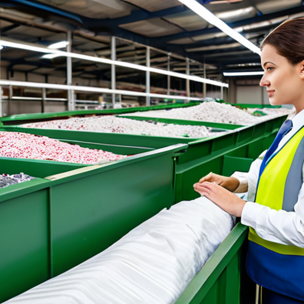 A focused professional in a modest, appropriate work uniform, standing within a bright, modern textile sorting and recycling facility. Large, neat bins filled with various fabric types are visible, alongside clean, advanced sorting machinery. The professional is observing the organized collection of discarded textiles, emphasizing the industrial scale of material recovery. The image focuses on the systematic approach to textile waste management. The setting is clean and well-maintained, with a bright, neutral color palette. This is a safe for work, appropriate content, fully clothed, professional image, featuring perfect anatomy, correct proportions, a natural pose, well-formed hands, proper finger count, natural body proportions, professional photography, and high quality.