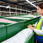 A focused professional in a modest, appropriate work uniform, standing within a bright, modern textile sorting and recycling facility. Large, neat bins filled with various fabric types are visible, alongside clean, advanced sorting machinery. The professional is observing the organized collection of discarded textiles, emphasizing the industrial scale of material recovery. The image focuses on the systematic approach to textile waste management. The setting is clean and well-maintained, with a bright, neutral color palette. This is a safe for work, appropriate content, fully clothed, professional image, featuring perfect anatomy, correct proportions, a natural pose, well-formed hands, proper finger count, natural body proportions, professional photography, and high quality.