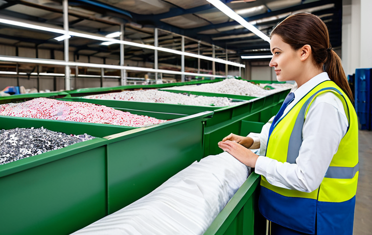 A focused professional in a modest, appropriate work uniform, standing within a bright, modern textile sorting and recycling facility. Large, neat bins filled with various fabric types are visible, alongside clean, advanced sorting machinery. The professional is observing the organized collection of discarded textiles, emphasizing the industrial scale of material recovery. The image focuses on the systematic approach to textile waste management. The setting is clean and well-maintained, with a bright, neutral color palette. This is a safe for work, appropriate content, fully clothed, professional image, featuring perfect anatomy, correct proportions, a natural pose, well-formed hands, proper finger count, natural body proportions, professional photography, and high quality.