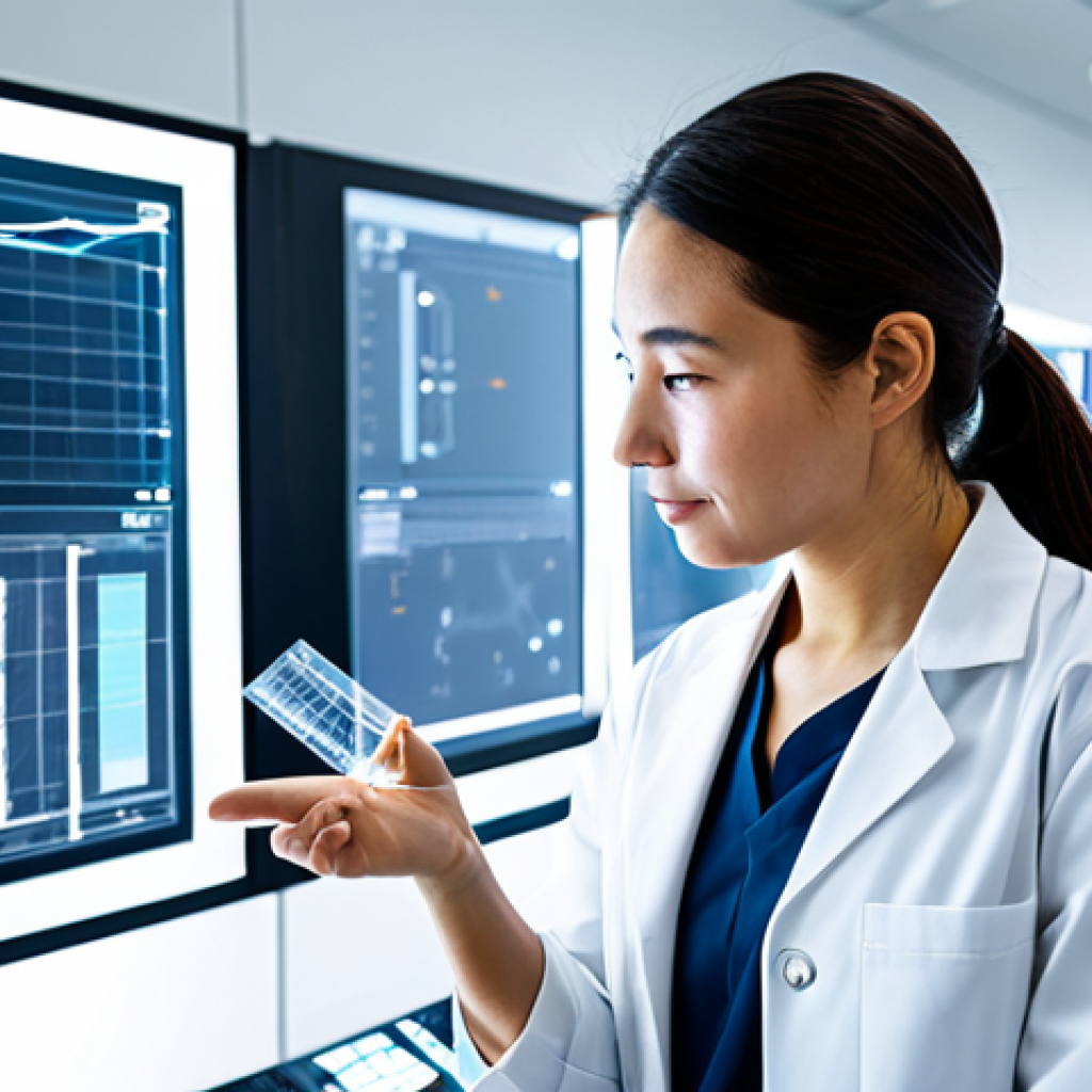 A professional material scientist, fully clothed in a clean lab coat and modest professional attire, meticulously examining a flexible, transparent smart textile embedded with subtle, integrated electronic components. The subject is in a natural pose, standing in a brightly lit, futuristic research and development laboratory. Holographic displays in the background show intricate material structures and data visualizations. The environment is clean, high-tech, and emphasizes innovation in wearable technology. Perfect anatomy, correct proportions, well-formed hands, proper finger count, natural body proportions, professional photography, high detail, volumetric lighting, safe for work, appropriate content, fully clothed, professional.