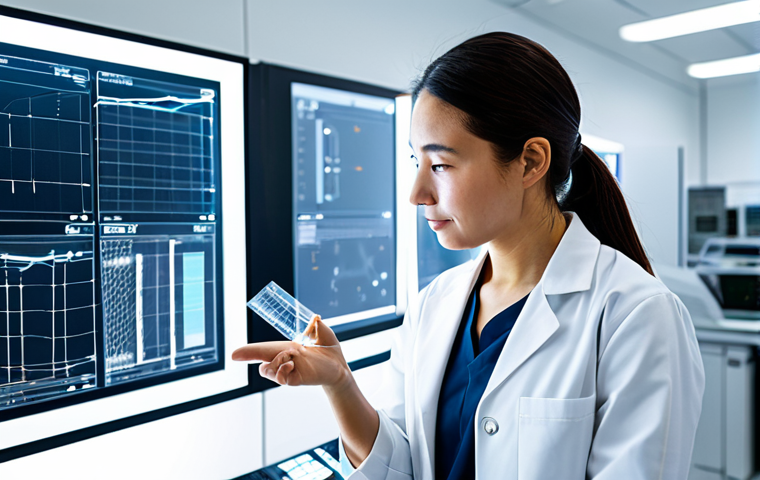 A professional material scientist, fully clothed in a clean lab coat and modest professional attire, meticulously examining a flexible, transparent smart textile embedded with subtle, integrated electronic components. The subject is in a natural pose, standing in a brightly lit, futuristic research and development laboratory. Holographic displays in the background show intricate material structures and data visualizations. The environment is clean, high-tech, and emphasizes innovation in wearable technology. Perfect anatomy, correct proportions, well-formed hands, proper finger count, natural body proportions, professional photography, high detail, volumetric lighting, safe for work, appropriate content, fully clothed, professional.