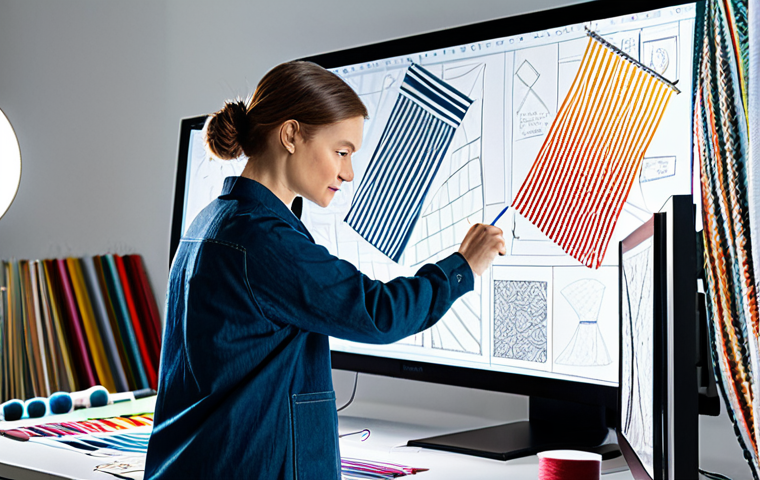 Textile Design Innovation**
"A textile designer working at a large monitor displaying complex fabric patterns, surrounded by colorful yarn samples and design sketches, fully clothed, appropriate attire, safe for work, professional studio environment, well-lit, perfect anatomy, natural proportions, high resolution, professional photography, trend-setting design, creative atmosphere, family-friendly."
**