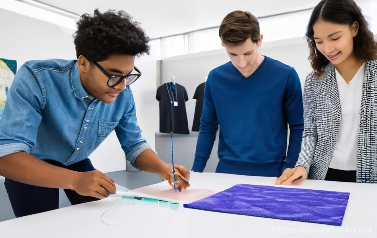 섬유기사 필기시험 대비 성공 사례 - **Prompt 2: Sustainable Textile Innovation Lab**
    "A diverse team of three textile engineers, two...