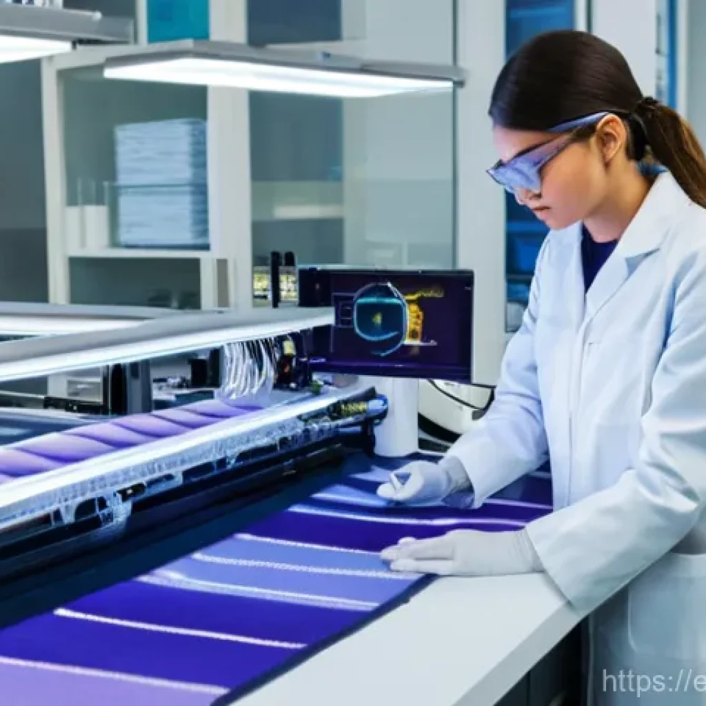 섬유기사 과년도 기출문제 분석 - **Prompt:** A state-of-the-art, sunlit textile engineering lab. Focus on a diverse team of scientist...