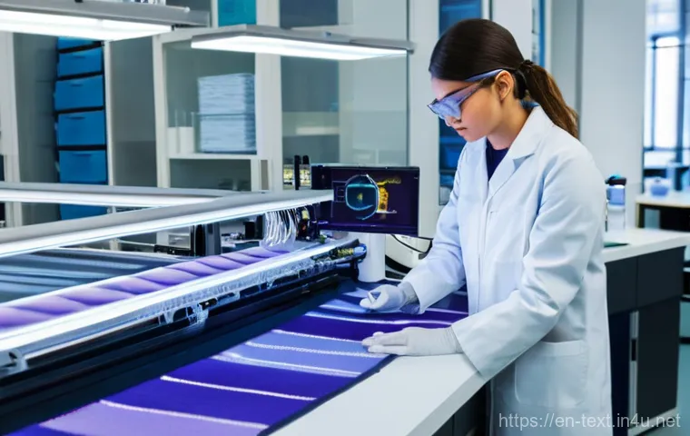 섬유기사 과년도 기출문제 분석 - **Prompt:** A state-of-the-art, sunlit textile engineering lab. Focus on a diverse team of scientist...