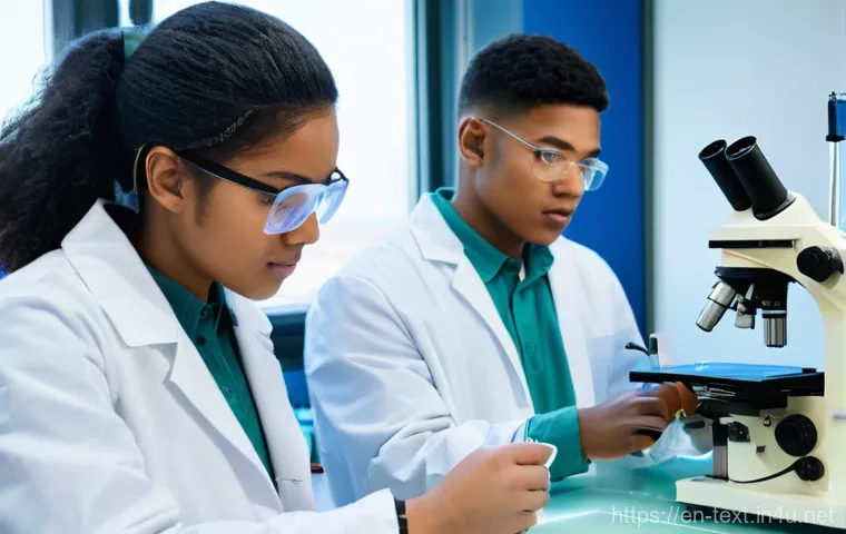 섬유기사 실기시험 대비 방법 - **Prompt 1: Modern Textile Engineering Lab in Action**
    A group of young adult university student...