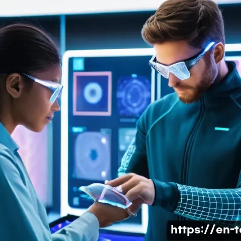 섬유기사와 산업별 필요 자격 - **Prompt:** "A diverse group of textile engineers, male and female, in a futuristic, brightly lit sm...