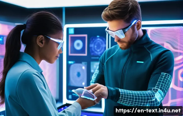 섬유기사와 산업별 필요 자격 - **Prompt:** "A diverse group of textile engineers, male and female, in a futuristic, brightly lit sm...