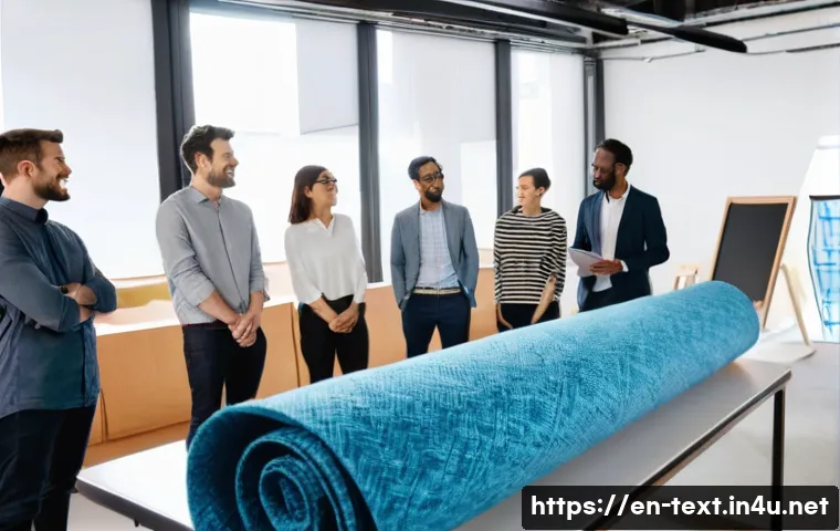 섬유기사와 직장 내 커뮤니케이션 - **Prompt:** A diverse team of male and female textile engineers, all professionally dressed in smart...