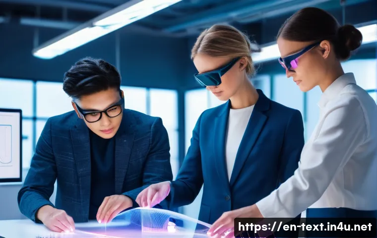 섬유기사와 관련 직업군의 특징 - A futuristic smart textile developer laboratory scene featuring a diverse team of professionals work...