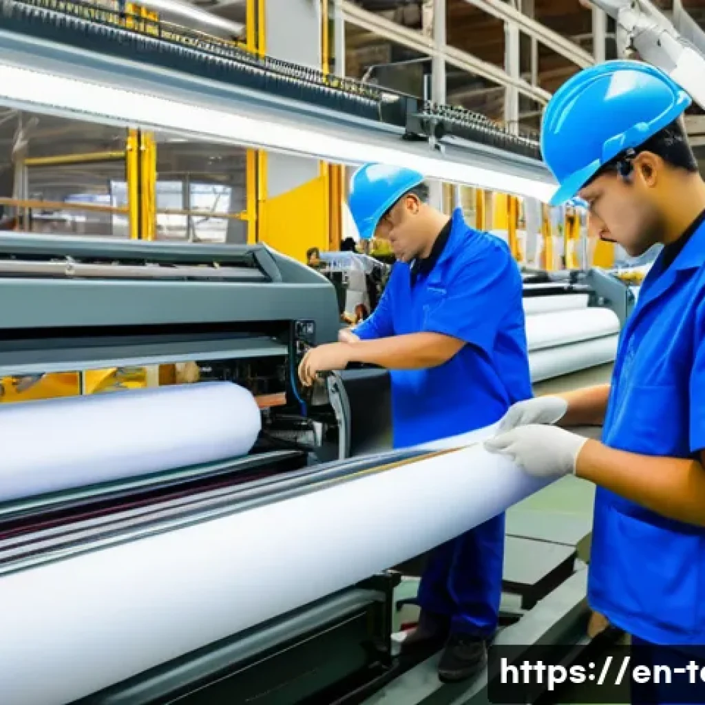섬유기사 자격증 취득 후의 진로 - A busy textile manufacturing floor with diverse technicians in safety attire operating large industr...