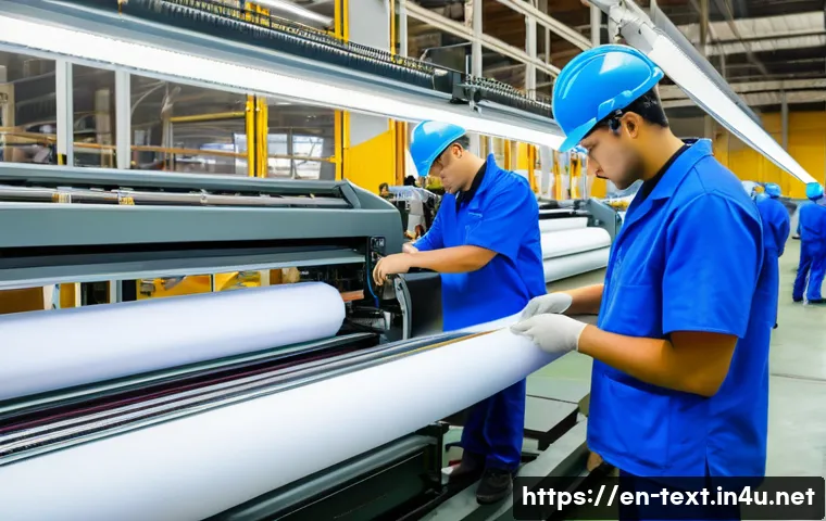 섬유기사 자격증 취득 후의 진로 - A busy textile manufacturing floor with diverse technicians in safety attire operating large industr...