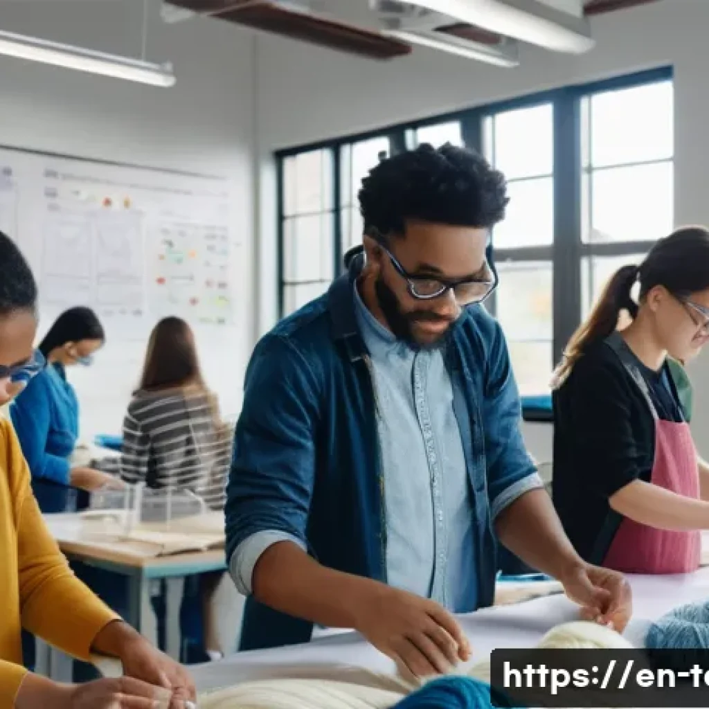 섬유기사 취득을 위한 효율적인 방법 - A bright and modern textile science laboratory scene showing a diverse group of young adult students...