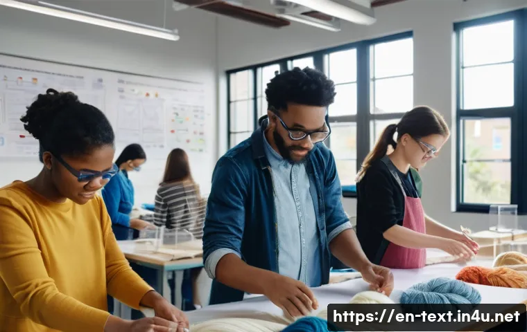 섬유기사 취득을 위한 효율적인 방법 - A bright and modern textile science laboratory scene showing a diverse group of young adult students...