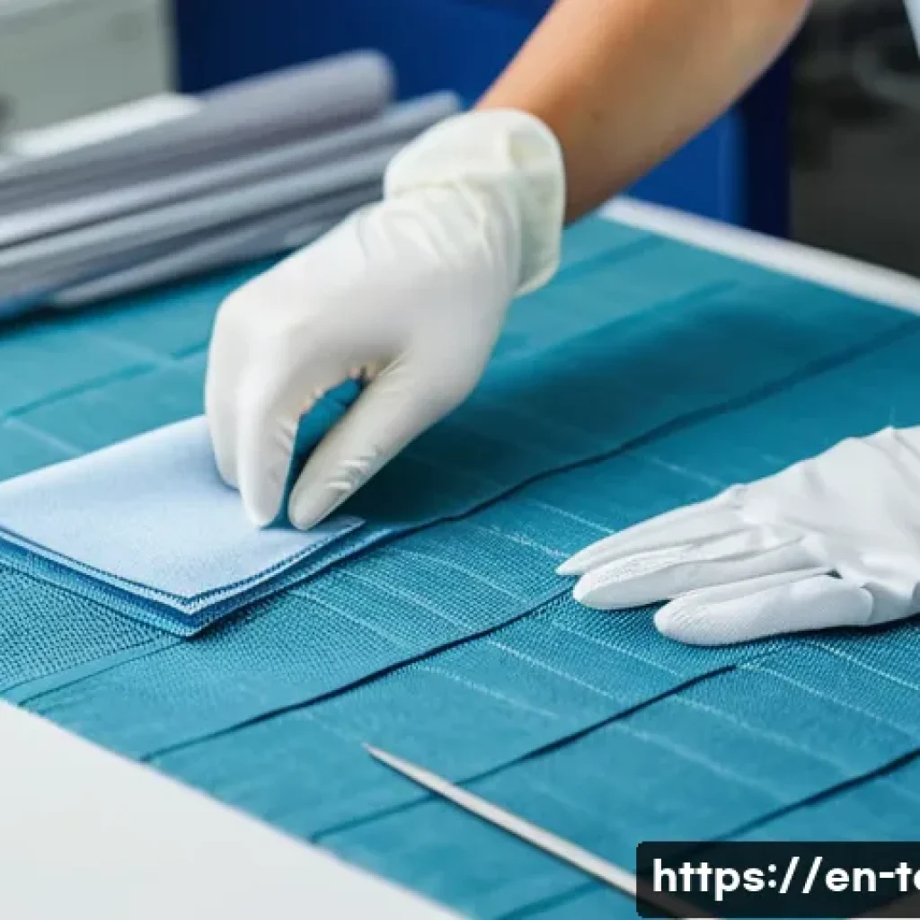 섬유기사 실기 시험 채점 기준 - A close-up scene of a professional textile laboratory workspace focused on precision sample preparat...