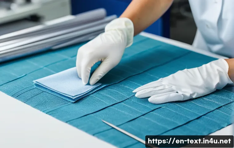 섬유기사 실기 시험 채점 기준 - A close-up scene of a professional textile laboratory workspace focused on precision sample preparat...