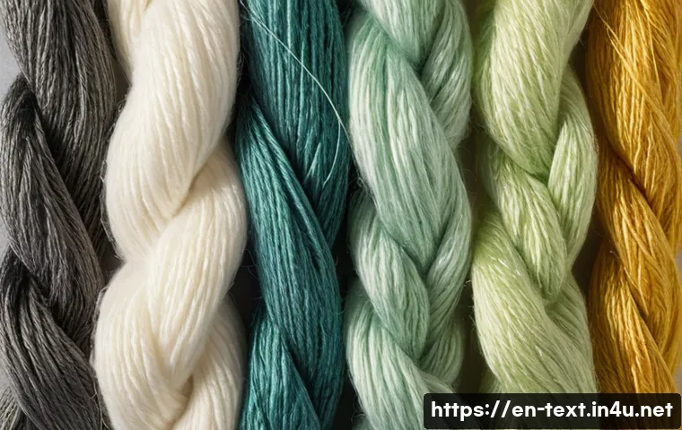 섬유기사와 필기시험의 예상 문제 - A highly detailed close-up image of five different textile fibers arranged side by side on a neutral...