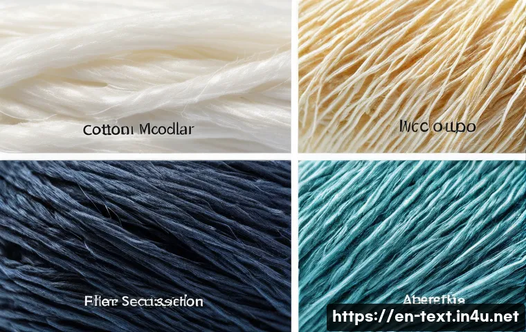 섬유기사 필기시험 대비 방법 - A highly detailed scientific illustration of various natural and synthetic fibers at a microscopic s...