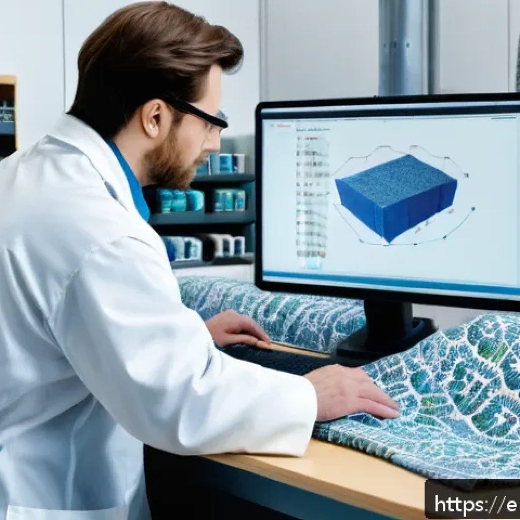 섬유기사와 필기시험 출제 경향 - A modern textile technician workspace featuring a mid-30s professional wearing safety glasses and a ...