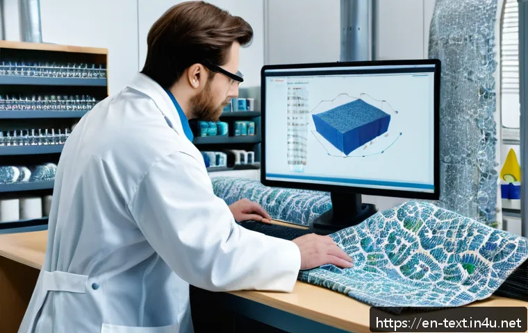 섬유기사와 필기시험 출제 경향 - A modern textile technician workspace featuring a mid-30s professional wearing safety glasses and a ...