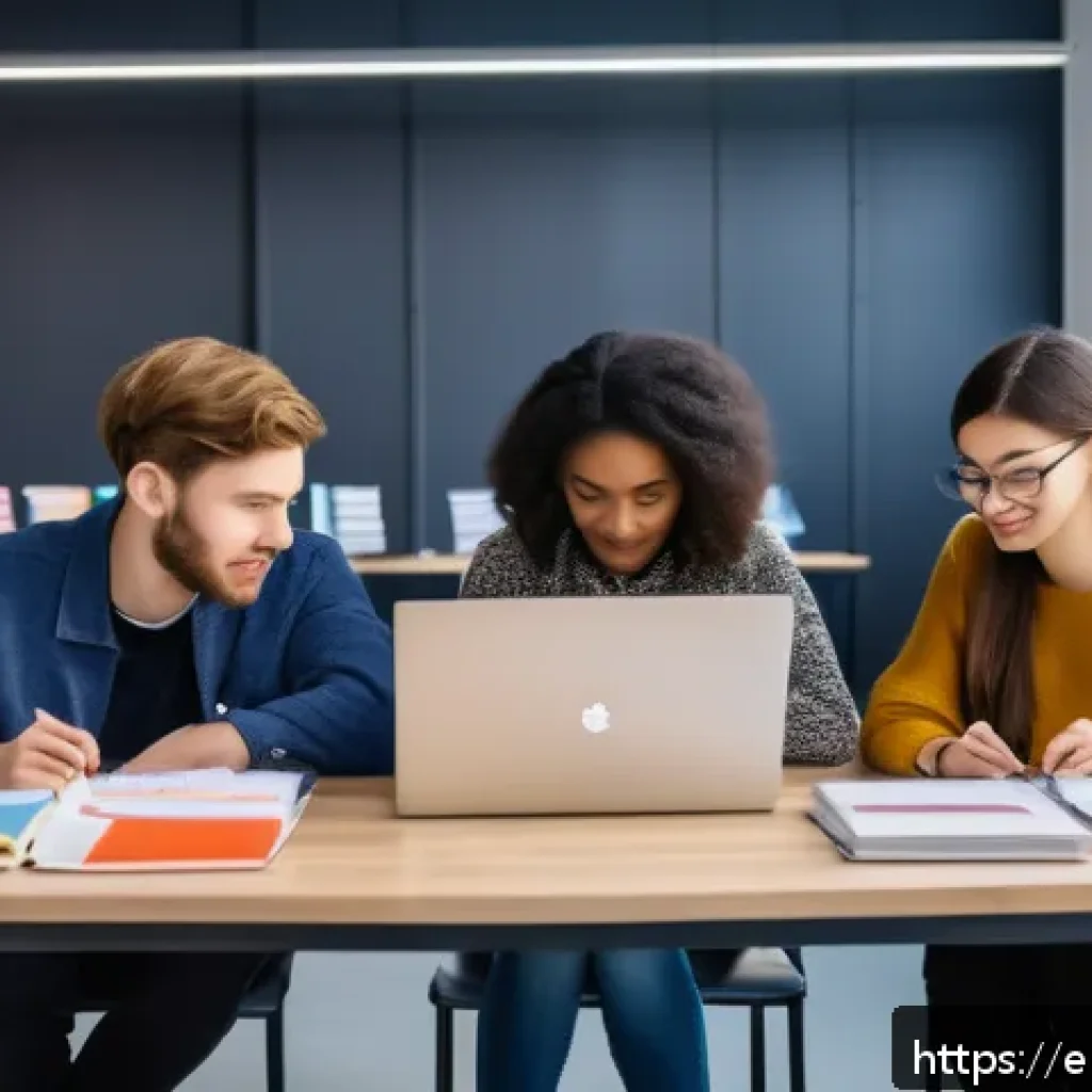 섬유기사 시험 준비 스터디 - A diverse study group of four young adults in a modern, bright study room, each person focused on di...