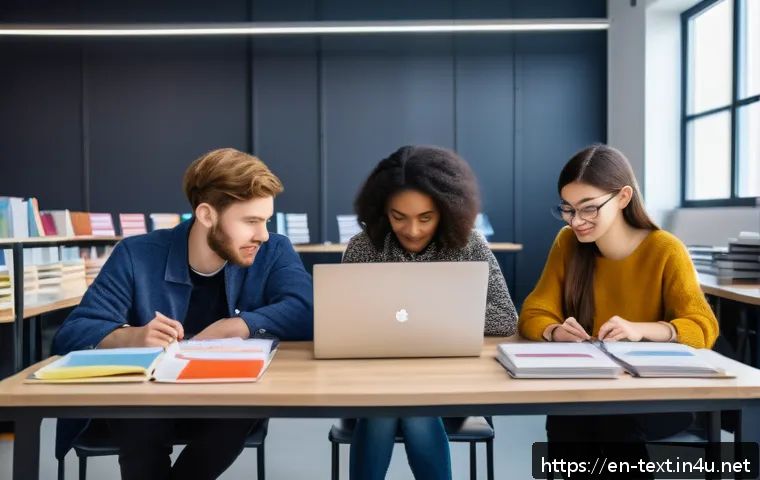 섬유기사 시험 준비 스터디 - A diverse study group of four young adults in a modern, bright study room, each person focused on di...