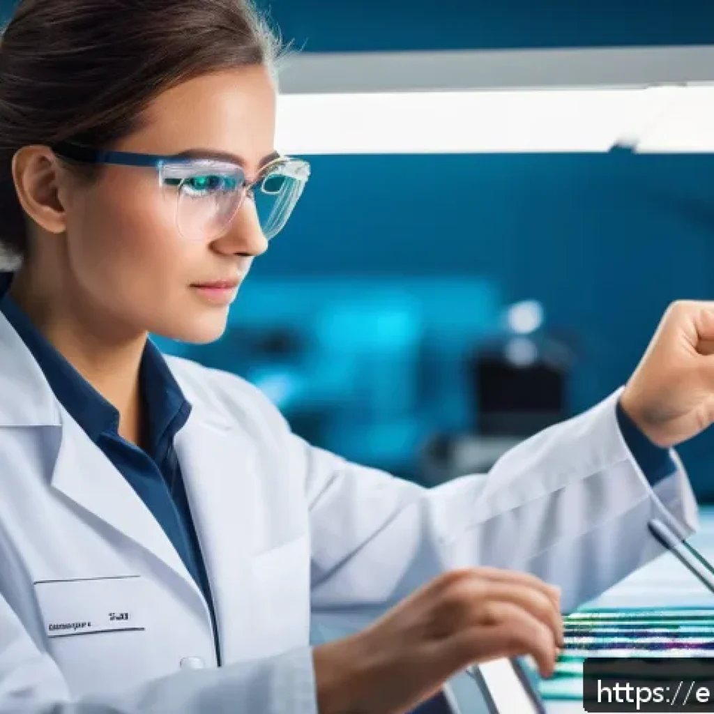 섬유기사 자격증 취득의 장단점 - A professional textile technician in a modern textile innovation laboratory, wearing a neat lab coat...