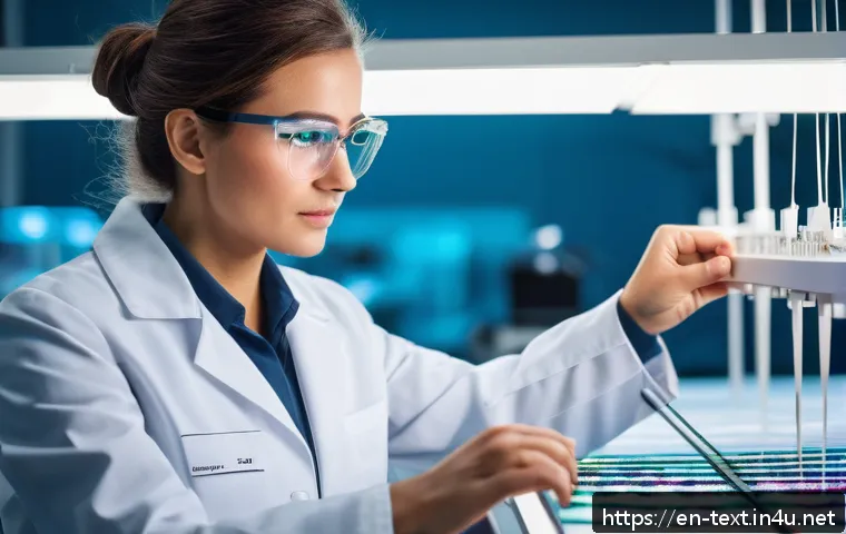 섬유기사 자격증 취득의 장단점 - A professional textile technician in a modern textile innovation laboratory, wearing a neat lab coat...