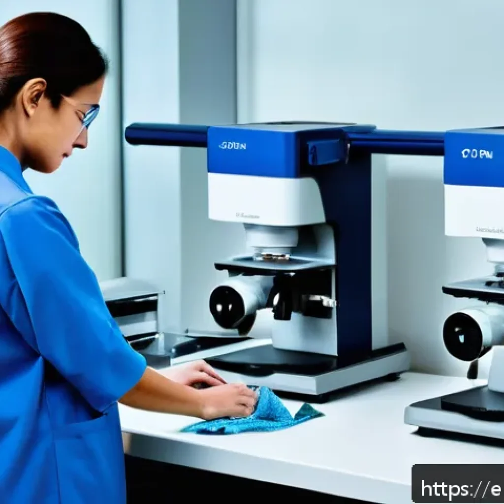 섬유기사와 섬유 품질 검사 - A high-tech textile laboratory scene showcasing a scientist examining fabric samples under a scannin...