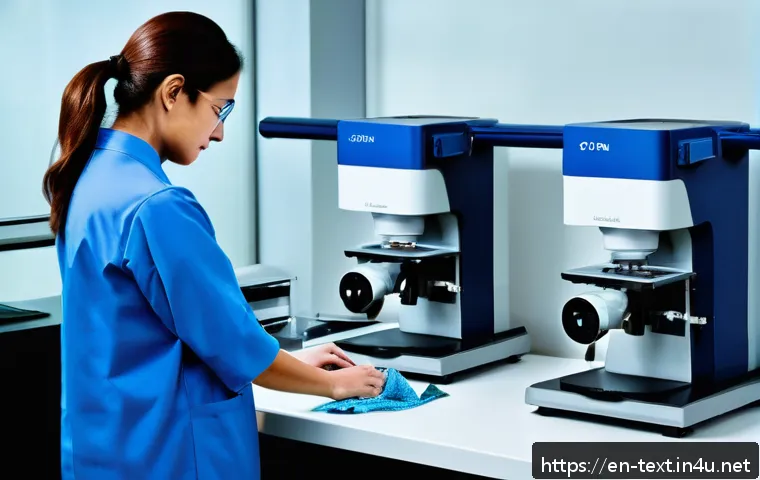 섬유기사와 섬유 품질 검사 - A high-tech textile laboratory scene showcasing a scientist examining fabric samples under a scannin...