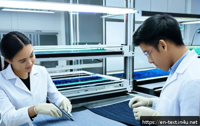 섬유기사와 직무 연관 교육 - A high-tech textile laboratory scene featuring a diverse group of adult technicians in professional ...