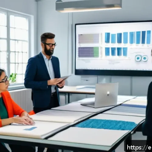 섬유기사와 자격증 취득의 중요성 - A modern textile certification classroom setting featuring diverse professionals—men and women in bu...