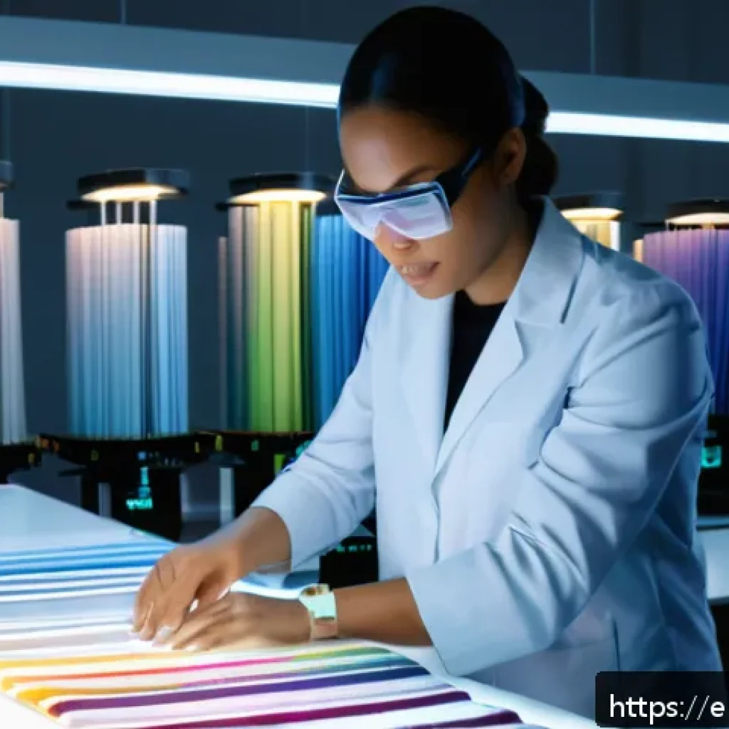 섬유기사 자격증으로 시작하는 커리어 - A modern textile laboratory scene showing a skilled fabric technician wearing safety glasses and pro...