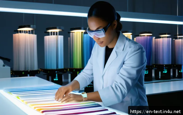 섬유기사 자격증으로 시작하는 커리어 - A modern textile laboratory scene showing a skilled fabric technician wearing safety glasses and pro...