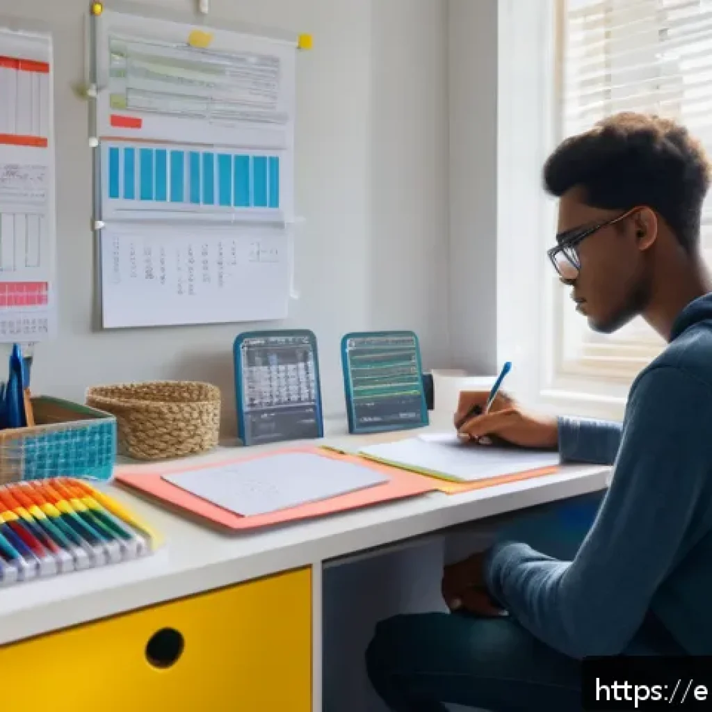 섬유기사 필기시험의 준비 전략 - A bright, modern study room bathed in natural afternoon light, featuring a young adult focused inten...