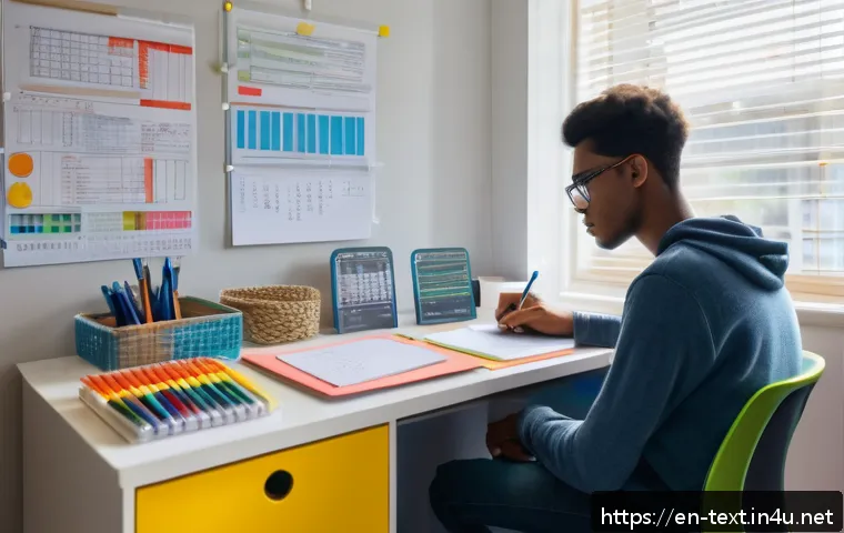 섬유기사 필기시험의 준비 전략 - A bright, modern study room bathed in natural afternoon light, featuring a young adult focused inten...