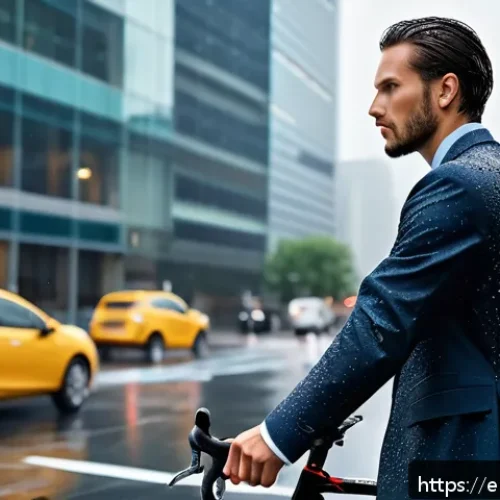 섬유기사와 섬유 디자인 - A modern urban commuter wearing a sleek, water-repellent blazer made from adaptive stretch fabric, c...