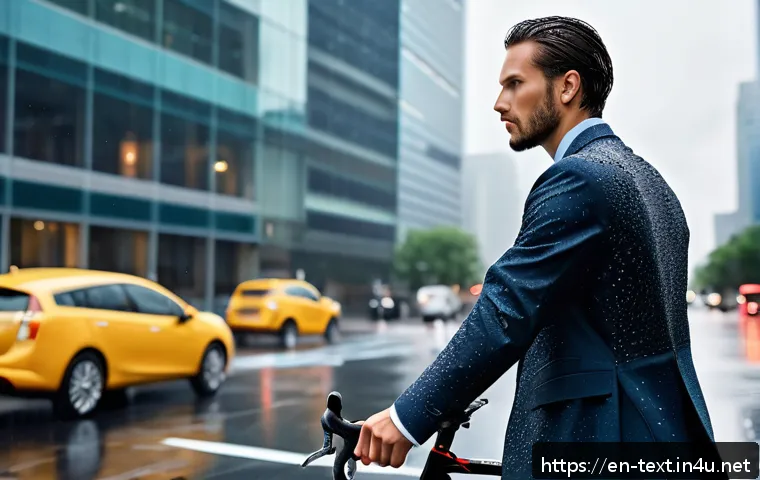 섬유기사와 섬유 디자인 - A modern urban commuter wearing a sleek, water-repellent blazer made from adaptive stretch fabric, c...