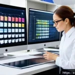 섬유기사 자격증과 산업별 전망 - A professional textile engineer in a modern lab setting, examining sustainable fabric samples with e...