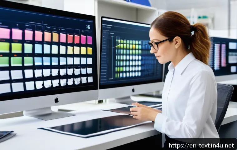 섬유기사 자격증과 산업별 전망 - A professional textile engineer in a modern lab setting, examining sustainable fabric samples with e...