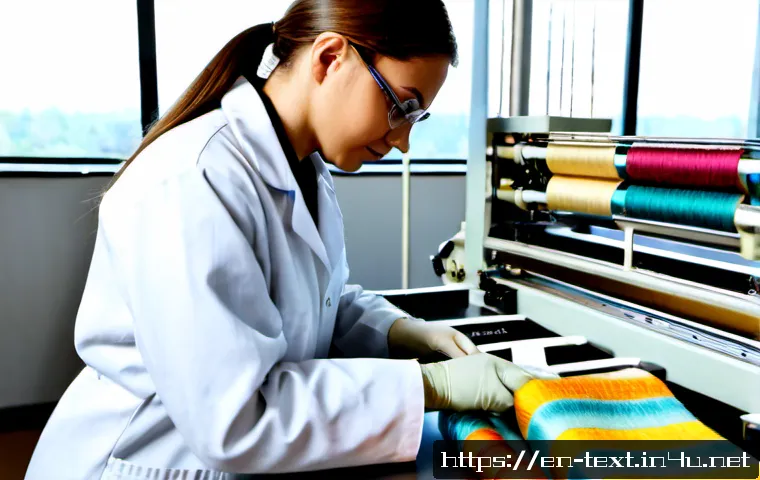섬유기사 실기시험 예상문제 - Photorealistic textile technician practical exam preparation scene in a bright vocational laboratory...